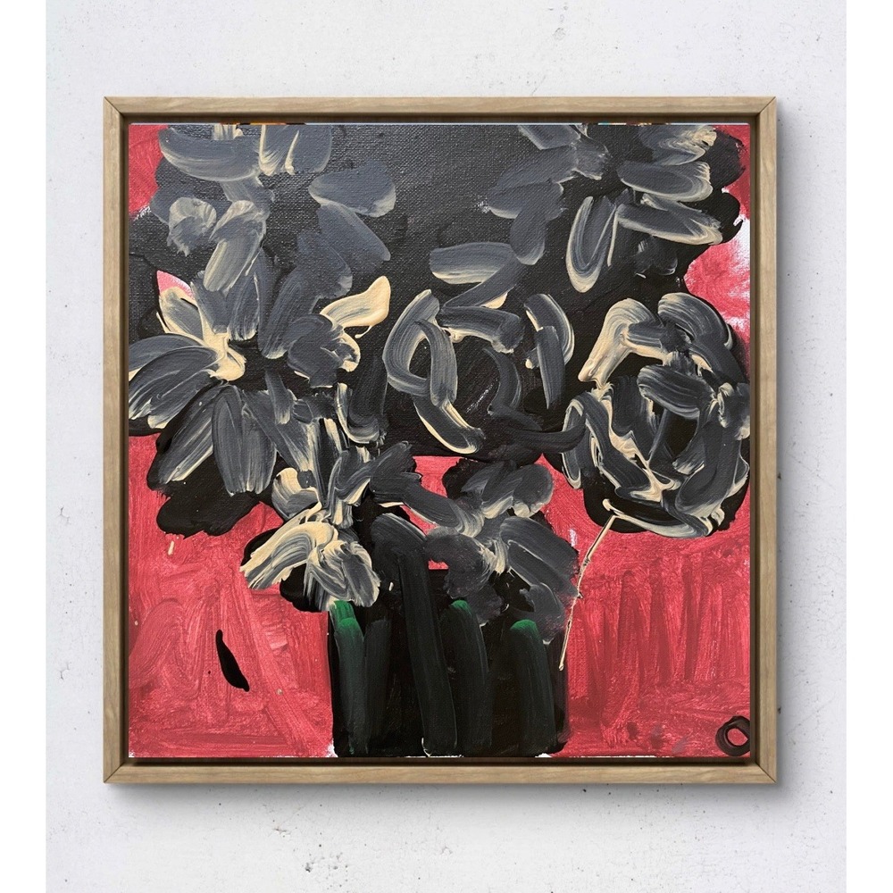 Original Abstract Expressionism Floral Painting Black Flowers Red Modern 12x12
